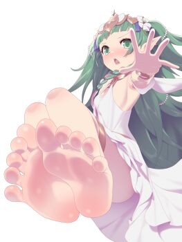 Rule 34 | 1girl, barefoot, dress, feet, female focus, fire emblem, fire emblem: three houses, flower, foot focus, green eyes, green hair, hair flower, hair ornament, highres, jewelry, long hair, looking at viewer, maidforge, nintendo, open mouth, reaching, reaching towards viewer, simple background, sleeveless, sleeveless dress, solo, sothis (fire emblem), thighlet, toes, very long hair, white background, white dress