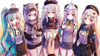 5girls absurdres admi_(nikke) ahoge animal_ears arm_guards armband bag bandaid bandaid_on_cheek bandaid_on_face bandolier belt bike_shorts black_gloves black_headwear black_jacket black_pantyhose black_shorts black_skirt blue_eyes blue_jacket book bow bowtie breasts bug burger butterfly chewing_gum collared_shirt commander_(nikke) crossed_arms crossed_bangs double_bun epinel_(nikke) fake_animal_ears food gloves goddess_of_victory:_nikke green_eyes green_hair grey_hair grey_headwear grey_sweater hair_bun hair_ornament hairclip hand_in_pocket hat head-mounted_display highres holding holding_notebook hood hood_down hoodie insect jacket jimpu6 light_blush long_hair long_sleeves looking_at_viewer medium_hair miniskirt multicolored_hair multiple_girls n102_(nikke) notebook open_clothes open_jacket open_mouth pantyhose pink_eyes pleated_skirt poli_(nikke) police police_hat police_uniform policewoman ponytail puffy_short_sleeves puffy_sleeves red_eyes school_uniform shirt shirt_partially_tucked_in short_shorts short_sleeves shorts shoulder_pads sidelocks simple_background single_side_bun skirt sleeves_past_wrists small_breasts smile socks soline_(nikke) standing star_(symbol) streaked_hair sweater thigh_strap thighs two-tone_hair very_long_hair wavy_hair white_background white_hair white_hoodie white_jacket white_shirt yellow_bow yellow_bowtie