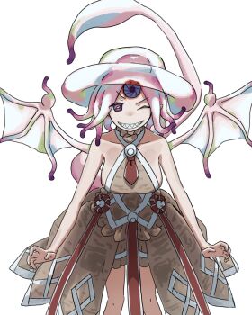 1girl armpits bare_arms bare_shoulders breasts commentary_request cowboy_shot demon_girl demon_tail demon_wings dress feet_out_of_frame floating floating_clothes frilled_dress frills gradient_hair grey_dress grin hair_bun headgear high_collar highres hole_in_head horizontal_pupils large_breasts leaning_forward looking_at_viewer multicolored_eyes multicolored_hair necktie one_eye_closed out_of_frame pale_skin pink_hair pointy_ears purple_eyes qliphah_puzzle_545 rags red_necktie red_ribbon ribbon sharp_teeth sideboob simple_background sleeveless smile solo squid_girl symbol-shaped_pupils tail tatararashi teeth tentacle_hair tentacles toaru_majutsu_no_index toaru_majutsu_no_index:_new_testament v-shaped_eyebrows white_background wings yellow_pupils