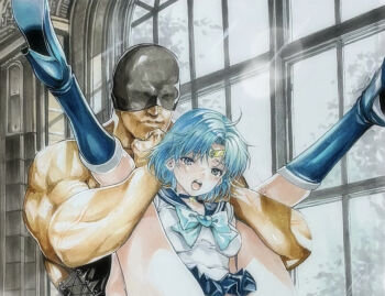 1boy 1girl ahoge bishoujo_senshi_sailor_moon blue_boots blue_choker blue_eyes blue_ribbon blue_sailor_collar blue_skirt boots breasts brooch choker circlet closed_mouth commentary_request covered_navel cropped faceless faceless_male full_nelson half_mask heart heart_brooch hetero high_heel_boots high_heels indoors jewelry katsu_(24791909) knee_boots leg_grab legs_over_head lifting_person looking_at_viewer marker_(medium) mask mizuno_ami neck_ribbon open_mouth out-of-frame_censoring paid_reward_available parted_bangs reverse_suspended_congress ribbon sailor_collar sailor_mercury sailor_senshi_uniform sex_from_behind shirt short_hair skirt small_breasts tearing_up teeth thighs traditional_media upper_teeth_only white_shirt window