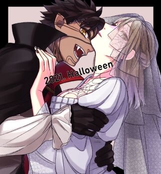 Rule 34 | 1boy, 1girl, 2021, angra mainyu (fate), arm around waist, black gloves, black hair, black veil, breasts, brown eyes, cleavage, commentary request, dark-skinned male, dark skin, dress, facial tattoo, fate/grand order, fate (series), gloves, halloween, highres, large breasts, oc x canon, original, pointy ears, shibakou, slit pupils, tattoo, vampire costume, veil, white dress, yellow eyes