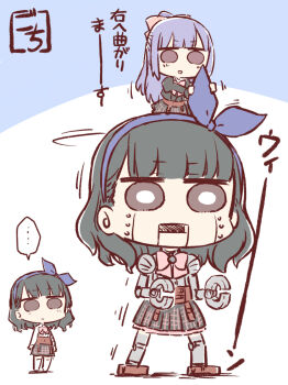 ... 2girls :d arms_at_sides artist_name assault_lily black_hair black_jacket black_skirt blue_background blue_bow blue_hairband blunt_bangs bow bow_hairband brown_eyes chibi closed_mouth commentary driving externally_piloted_mecha fukuyama_jeanne_sachie gochisousama_(tanin050) hair_bow hairband half_updo hands_up highres humanoid_robot jacket juliet_sleeves kuroki_francisca_yuria light_blush long_hair long_sleeves looking_at_object looking_at_viewer ludvico_private_girls&#039;_academy_school_uniform mecha mechanization medium_hair miniskirt motion_lines multiple_girls nakamura_yukari_(voice_actor) open_mouth outstretched_arm parted_lips photo-referenced pink_bow plaid_clothes plaid_skirt puffy_sleeves purple_hair rivets robot school_uniform shirt skirt smile speech_bubble spoken_ellipsis standing thighhighs translated two-tone_background umehara_saeri underbust v-shaped_eyebrows voice_actor_connection white_background white_shirt white_thighhighs