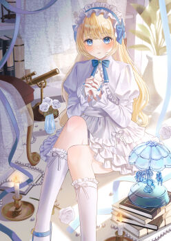 1girl absurdres blonde_hair book bookshelf candle flower frills hair_ornament highres lamp original plant potted_plant puffy_sleeves rose ruruka_003 socks telescope vase white_flower white_rose white_socks