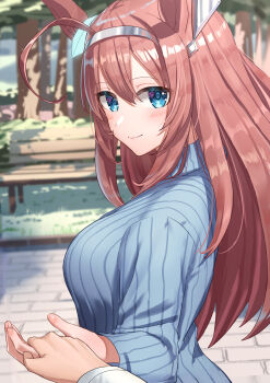 1girl 1other absurdres ahoge animal_ears bench blue_eyes blue_sweater blush breasts brown_hair closed_mouth commentary_request grey_hairband hair_between_eyes hairband highres holding_hands horse_ears horse_girl large_breasts long_hair long_sleeves looking_at_viewer mihono_bourbon_(umamusume) ooeyama outdoors park_bench ribbed_sweater shirt silver_hairband smile solo_focus sweater textless_version tree umamusume white_shirt