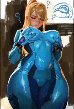 1girl ? antsiart blonde_hair blue_eyes blush breasts closed_mouth cowboy_shot curvy double_breast_grab grabbing_own_breast hair_between_eyes half-closed_eyes highres lips long_hair looking_down medium_breasts metroid metroid_(creature) nintendo painterly ponytail samus_aran solo speech_bubble thought_bubble zero_suit