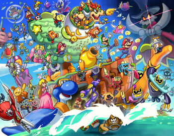 absolutely_everyone annotated antasma artist_name baby_luigi baby_mario beanstar bee beef_(mario) bird blitty_(mario) blue_sky boo_(mario) bowser bowser_jr. brickle brock_(mario) broque_monsieur buddy_(mario) bug bumbleshoot cackletta captain_boo captain_goomba captain_koopa_troopa captain_shy_guy cloud cobalt_star commentary_request connie_(mario) corporal_paraplonk dark_stone_(mario) dieter_(mario) dorrie dreambunny dulles_(mario) ecks_(mario) ellow_(mario) everyone fawful flag geno_(mario) gloves gobblick goomba gorumbla green_hat green_shirt guardarm hat helmet_zok_trooper highres in-franchise_crossover insect ireen_(mario) jet_zok_trooper kaley_(mario) kamek koopa_clown_car koopa_paratroopa koopa_troopa krode loog_(mario) looking_to_the_side luigi maribou_(supermaribou) mario mario_&amp;_luigi:_bowser's_inside_story mario_&amp;_luigi:_brothership mario_&amp;_luigi:_dream_team mario_&amp;_luigi:_paper_jam mario_&amp;_luigi:_partners_in_time mario_&amp;_luigi:_superstar_saga mario_&amp;_luigi_rpg mario_(series) mega_snaptor midbus millton newsboy_cap nintendo paper_mario paper_mario_(character) popple_(mario) prince_dreambert princess_peach princess_shroob private_goomp red_flag red_hat red_shirt save_block seagull seedle_r_(mario) sergeant_guy shadow sharpcask shirt shower_fish shroob shroob_saucer shun_(mario) shy_guy sky snaptor snoutlet_(mario) spike_zok_trooper spikely sprite_bulb starlow stuffwell ten_(mario) white_gloves wings zeekeeper zokket