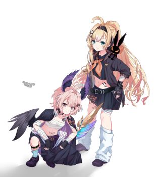 Rule 34 | 2girls, absurdres, ahoge, aqua eyes, artist name, bandage on cheek, bandaged arm, bandaged leg, bandages, bandaid on thigh, black hairband, black serafuku, blonde hair, breasts, chest sarashi, cleavage, delinquent, enna alouette, ethyria, fingerless gloves, full body, gloves, hairband, head wings, high ponytail, highres, jacket, jacket on shoulders, linea alba, long hair, looking at viewer, loose socks, low wings, midriff, millie parfait, multiple girls, navel, neckerchief, nijisanji, nijisanji en, on one knee, orange neckerchief, pleated skirt, ponytail, purple eyes, sarashi, school uniform, serafuku, skirt, small breasts, socks, stomach tattoo, sukeban, tattoo, twitter username, usari sk, virtual youtuber, wings