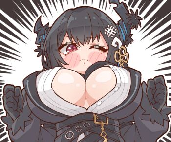 1girl asymmetrical_horns black_gloves black_hair blush_stickers breast_expansion breasts bursting_breasts cleavage clenched_hands closed_mouth commentary demon_horns english_commentary feather-trimmed_jacket flower from_below gloves hair_ornament hands_up highres hololive hololive_english horn_flower horns huge_breasts kukie-nyan long_hair looking_at_viewer mole mole_under_eye nerissa_ravencroft nerissa_ravencroft_(1st_costume) one_eye_closed open_clothes popped_button red_eyes ribbed_shirt shiny_skin shirt solo uneven_horns upper_body virtual_youtuber white_shirt