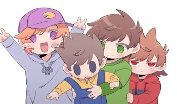 4boys :d :o aged_down animification antenna_hair bandaid bandaid_on_face baseball_cap blue_overalls blush brown_hair child clinging commentary_request edd_(eddsworld) eddsworld frown green_eyes green_shirt grey_hoodie hair_ears happy hat hollow_eyes hood hood_down hoodie jitome long_sleeves looking_at_another looking_at_viewer looking_down male_focus matt_(eddsworld) mjsc_10 multiple_boys official_alternate_costume open_mouth orange_hair overalls purple_eyes purple_hat red_eyes red_hoodie shirt short_hair simple_background smile solid_oval_eyes spiked_hair tom_(eddsworld) tord_(eddsworld) upper_body v white_background yellow_shirt
