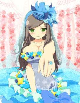Rule 34 | 1girl, arm between legs, blue dress, blue hairband, blue ring, blush, breasts, bridal veil, bride, brown hair, cleavage, collarbone, dress, flower ring, game cg, green eyes, hair ornament, hairband, heart, heart ornament, jewelry, josui (senran kagura), lace trim, large breasts, long hair, looking at viewer, lowres, nontraditional wedding dress, official alternate costume, official art, open mouth, outstretched arm, parted lips, ring, senran kagura, senran kagura new wave, shiny skin, smile, solo, star ornament, strapless, strapless dress, swept bangs, veil, wedding dress, wedding ring