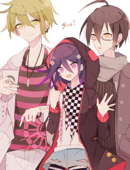 3boys adapted_costume ahoge amami_rantaro bespectacled black_hair black_jacket black_scarf black_shirt black_thighhighs blue_shorts checkered_clothes checkered_scarf clenched_hand closed_mouth coat collared_coat commentary_request cowboy_shot cross-laced_clothes cross-laced_top cup danganronpa_(series) danganronpa_v3:_killing_harmony denim denim_shorts dice_hair_ornament disposable_coffee_cup disposable_cup dot_nose drink ear_piercing earrings expressionless glasses green_eyes green_hair grey-framed_eyewear grey_coat grey_scarf hair_between_eyes hair_ornament hand_in_pocket happy height_difference holding holding_drink hood hood_down hooded_jacket hoop_earrings jacket jeans jewelry lapels long_hair_between_eyes male_focus medium_hair multiple_boys multiple_piercings notched_lapels oma_kokichi open_clothes open_coat open_jacket pants patch pendant piercing pink_shirt pinstripe_jacket pinstripe_pattern pointy_nose purple_hair red_jacket ring saihara_shuichi sakura_(fein5862817) scarf shirt short_shorts shorts simple_background single_earring starbucks striped_clothes striped_shirt striped_thighhighs thighhighs torn_clothes torn_scarf torn_shorts two-sided_fabric two-sided_jacket two-tone_scarf two-tone_shirt two-tone_thighhighs unmoving_pattern waving white_background white_coat white_pants white_scarf white_shirt white_thighhighs