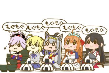 Rule 34 | + +, 5girls, :t, ahoge, akagi (kancolle), animal ears, archery, artoria pendragon (fate), ascot, asymmetrical hair, blonde hair, blush, bow, bow (weapon), braid, breasts, bun cover, bun with braided base, commentary, crossover, dress, ear bow, ear ornament, eating, empty plate, fate/grand order, fate/stay night, fate (series), food, food on face, gloves, glutton, grey hair, gyari (imagesdawn) (style), hair between eyes, hair bun, hair ornament, hair ribbon, hakama, hakama short skirt, hakama skirt, horse ears, horse girl, japanese clothes, kantai collection, kimono, kyuudou, large breasts, long hair, long sleeves, looking ahead, magatama, miyamoto musashi (fate), mr. ebidou, multicolored hair, multiple girls, muneate, oguri cap (starlight beat) (umamusume), oguri cap (umamusume), on ground, onigiri, orange hair, partially fingerless gloves, partly fingerless gloves, pecorine (princess connect!), pink hair, ponytail, princess connect!, quiver, red ascot, red ribbon, ribbon, rice, saber (fate), sailor collar, sailor shirt, school uniform, shirt, short hair, short kimono, shrug (clothing), simple background, sitting, skirt, speech bubble, swept bangs, symbol-only commentary, tiara, too many bowls, too much food, umamusume, very long hair, weapon, white background, yugake