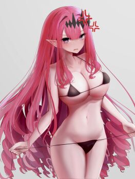 1girl anger_vein bikini blush breasts circlet cowboy_shot embarrassed baobhan_sith_(fate) fate/grand_order fate_(series) grey_eyes hair_between_eyes highres large_breasts long_hair looking_at_viewer metae micro_bikini navel pink_hair pointy_ears pulling side-tie_bikini_bottom simple_background solo swimsuit untied_bikini very_long_hair