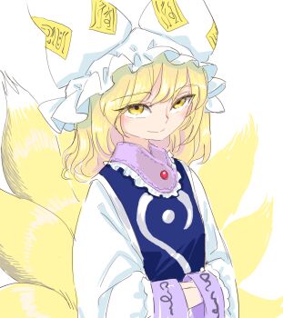 Rule 34 | 1girl, animal hat, blonde hair, blue tabard, closed mouth, commentary request, dress, fox tail, hands in opposite sleeves, hat, kitsune, long hair, long sleeves, looking at viewer, mob cap, multiple tails, s-a-murai, simple background, smile, solo, tabard, tail, touhou, white background, white dress, wide sleeves, yakumo ran, yellow eyes