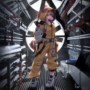 1girl 3d_background absurdres animal_ears backlighting belt black_sports_bra blowing_bubble_gum brown_eyes brown_hair brown_tail catwalk_(walkway) character_pin chewing_gum clothing_cutout commentary_request computer dog_ears dog_girl dog_tail double-parted_bangs ears_through_hood full_body futo-inu hair_between_eyes hair_through_hood hands_in_pockets high_ponytail high_tops highres hololive hood hood_up hooded_jumpsuit hoso-inu industrial_pipe inugami_korone inugami_korone_(yb-2_overalls) jumpsuit laptop listener_(inugami_korone) looking_at_viewer medium_hair messy_hair official_alternate_costume official_alternate_hairstyle overexposure ponytail shoes sneakers solo sports_bra tail tail_through_clothes traveler_(artbbt) valve virtual_youtuber white_belt white_shoes yellow_jumpsuit