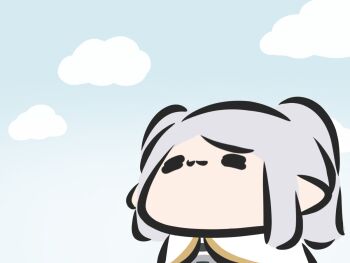 1girl capelet chibi closed_eyes closed_mouth commentary day elf english_commentary frieren grey_hair highres long_hair outdoors pointy_ears smile solo sousou_no_frieren superappleman twintails upper_body white_capelet