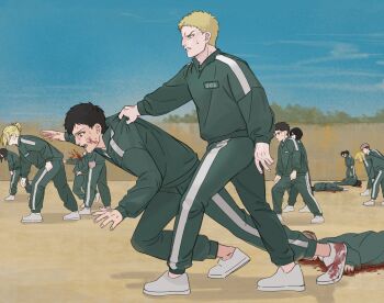0oizuo0 4girls 5boys annie_leonhart armin_arlert bertolt_hoover black_hair blonde_hair blood blood_on_face blood_on_shoes corpse death eren_yeager green_jacket green_pants highres holding_up jacket jean_kirstein mikasa_ackerman multiple_boys multiple_girls open_mouth outdoors pants pieck_finger reiner_braun sasha_blouse shadow shingeki_no_kyojin shoes short_hair sneakers sportswear squid_game sweat