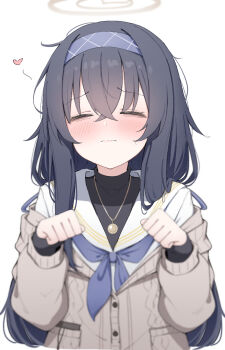 Rule 34 | 1girl, bags under eyes, black hair, black shirt, blue archive, blue hairband, blue neckerchief, blush, cardigan, clenched hands, closed eyes, commentary, cropped torso, crossed bangs, grey cardigan, hairband, halo, heart, long hair, long sleeves, neckerchief, school uniform, serafuku, shirt, simple background, solo, sweatdrop, ui (blue archive), upper body, very long hair, white background, white shirt, yuukun mk-ii