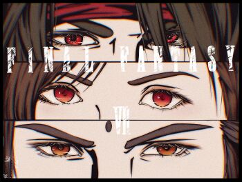 1girl 2boys artist_name bindi black_hair brown_eyes brown_hair close-up final_fantasy final_fantasy_vii final_fantasy_vii_rebirth final_fantasy_vii_remake hair_between_eyes headband highres looking_at_viewer multiple_boys red_eyes red_headband shanlieart signature tifa_lockhart tseng vincent_valentine
