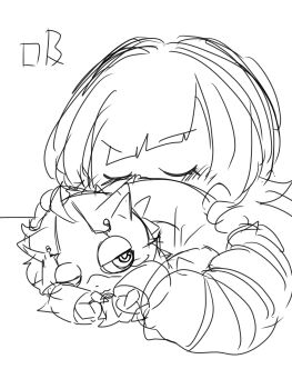 digimon digimon_(creature) digimon_beatbreak highres looking_at_another mkz_dg one_eye_closed pristimon sakuya_reina short_hair sketch sleeping