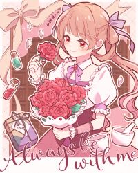 Rule 34 | 10038cr, 1girl, ann halford, blush, bouquet, bow, bowtie, box, braid, breasts, brown hair, closed mouth, cropped legs, crystal, dress, english text, flower, gem, gift, gift box, glass bottle, hair ribbon, hair rings, highres, holding, holding bouquet, holding flower, lips, long hair, looking at object, mortar (bowl), pestle, pink corset, pink dress, purple bow, purple bowtie, red eyes, red gemstone, ribbon, signature, small breasts, smile, solo, sugar apple fairy tale, valentine, very long hair, vial, white sleeves