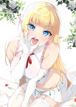 1girl :d bad_id bad_twitter_id bare_shoulders blonde_hair blue_eyes blurry blush bra_strap breasts button_gap collared_shirt commission crop_top depth_of_field elbow_gloves elf elf_no_radral fellatio_gesture garter_straps gloves groin hairband heavy_breathing highres inari_(inariya) long_hair looking_at_viewer medium_breasts midriff miniskirt navel neck_ribbon open_mouth original pleated_skirt pointy_ears ribbon saliva sexually_suggestive shirt sitting skeb_commission skirt sleeveless sleeveless_shirt smile solo thighhighs tongue tongue_out v_arms white_gloves white_shirt white_skirt white_thighhighs zettai_ryouiki