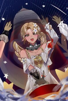 3girls angel_wings arm_up bare_shoulders black_gloves bow brown_eyes brown_hair collarbone cosplay detached_collar dress flower gloves hair_flower hair_ornament hayden_daviau highres honkai:_star_rail honkai_(series) kanako_(fuwachu) looking_down multiple_girls open_mouth pointy_ears push-button red_bow rocket short_hair sky smile star_(sky) star_(symbol) starry_sky trianne_(honkai:_star_rail) tribbie_(honkai:_star_rail) tribbie_(honkai:_star_rail)_(cosplay) trinnon_(honkai:_star_rail) voice_actor_connection white_dress white_flower wings