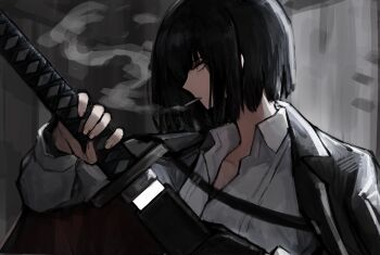 1girl badnick69_(camchi) black_hair black_jacket bob_cut cigarette collarbone commentary_request from_side highres holding holding_sword holding_weapon jacket jacket_on_shoulders katana korean_commentary lapels limbus_company long_sleeves notched_lapels project_moon red_eyes ryoshu_(project_moon) sheath shirt short_hair sidelocks smoke smoking solo sword unsheathing weapon white_shirt wing_collar