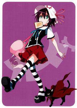 1girl absurdres bag black_choker black_shoes black_thighhighs border bread bread_slice cape cat choker fang food food_in_mouth full_body green_eyes hair_between_eyes hair_ribbon hat highres john_doe_(yumekui_merry) looking_at_viewer merry_nightmare mouth_hold non-web_source official_art outside_border pink_bag purple_background purple_hair red_cape red_ribbon red_skirt ribbon sailor_collar scan school_bag school_uniform shoes short_hair short_sleeves shoulder_bag skirt striped_clothes striped_thighhighs thighhighs toast toast_in_mouth ushiki_yoshitaka white_border white_hat white_sailor_collar white_thighhighs yellow_eyes yumekui_merry