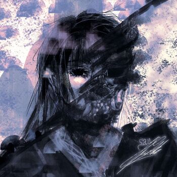 Rule 34 | 1boy, black eyes, black hair, black robe, black tunic, extra teeth, fangs, highres, kirara hoshi, long hair, looking at viewer, male focus, mask, one eye covered, portrait, robe, shadow slave, single empty eye, skull, smoke, solo, sunny (shadow slave), tunic