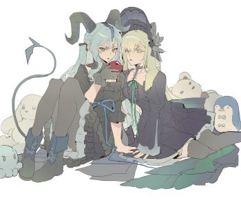 2girls absurdres animal_ears apple arknights bang_dream! bang_dream!_it&#039;s_mygo!!!!! black_bonnet black_boots black_choker black_dress black_gloves black_horns black_pantyhose black_ribbon black_thighhighs blue_hair bonnet boots chinese_commentary choker commentary_request curled_horns demon_tail detached_collar dress floppy_ears food frilled_dress frilled_sleeves frills fruit full_body gloves gothic_lolita green_hair hair_ornament hair_ribbon highres holding holding_food holding_fruit horns knees_up lolita_fashion long_hair long_sleeves looking_at_viewer miao_qiang multiple_girls open_mouth pantyhose rabbit_ears rabbit_girl ribbon sidelocks simple_background sitting sitting_sideways stuffed_animal stuffed_octopus stuffed_penguin stuffed_rabbit stuffed_toy tail teddy_bear thighhighs togawa_sakiko togawa_sakiko_(master_of_melodia) two_side_up wakaba_mutsumi wakaba_mutsumi_(marionette&#039;s_id) white_background x_hair_ornament yellow_eyes