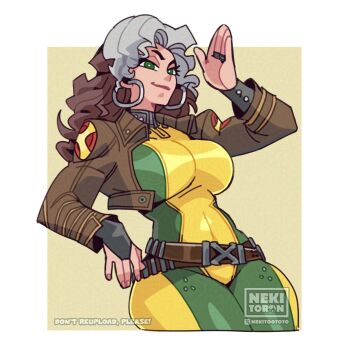Rule 34 | 1girl, animification, bodysuit, breasts, brown hair, colored bangs, green bodysuit, highres, leather, marvel, marvel rivals, multicolored bodysuit, multicolored hair, nekitoron, rogue (x-men), solo, superhero costume, two-tone bodysuit, two-tone hair, white hair, x-men, yellow bodysuit