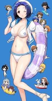 6+girls ;o absurdres ahoge akizuki_ritsuko amami_haruka banana_boat beret bikini blue_background blue_hair breasts chibi cleavage collarbone cross-laced_footwear dark_blue_hair everyone flying_sweatdrops futami_ami futami_mami ganaha_hibiki hagiwara_yukiho hat highres hitodama_(madatohi) hoshii_miki idolmaster idolmaster_(classic) innertube kikuchi_makoto kisaragi_chihaya large_breasts midriff minase_iori miura_azusa multiple_girls navel one_eye_closed open_clothes open_shirt parted_bangs red_eyes sailor_bikini sailor_collar sailor_shirt sandals shijou_takane shirt short_hair short_sleeves simple_background solo_focus standing standing_on_one_leg surfboard swim_ring swimsuit takatsuki_yayoi yacht