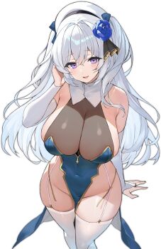 1girl absurdres bare_shoulders blue_flower blue_rose blush bodystocking breasts bridal_gauntlets cleavage cleric commentary_request covered_navel crossed_bangs flower garter_straps gold_trim groin hair_between_eyes hair_flower hair_intakes hair_ornament halterneck hand_up hat highleg highres large_breasts long_hair looking_at_viewer nakamura_nagare no_panties open_mouth original pelvic_curtain purple_eyes rose see-through_cleavage see-through_clothes sideboob simple_background smile solo standing super_highleg thighhighs thighs undersized_breast_cup very_long_hair white_background white_hair white_hat white_thighhighs