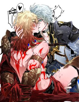 2boys antenna_hair arm_tattoo armlet armor back_tattoo black_choker black_coat black_gloves black_shirt blonde_hair blue_eyes bound bound_wrists braid broomhmh chinese_commentary choker clawed_gauntlets coat commentary_request earrings facial_tattoo fingerless_gloves gloves gold_earrings gold_necklace gradient_hair hand_on_another's_head hand_on_another's_thigh heart hickey highres honkai:_star_rail honkai_(series) imminent_kiss jewelry male_focus medium_hair multicolored_hair multiple_boys mydei_(honkai:_star_rail) neck_tattoo necklace open_clothes open_coat parted_bangs pauldrons phainon_(honkai:_star_rail) red_hair red_ribbon red_tattoo ribbon shirt short_hair shoulder_armor single_pauldron spoken_heart sun_symbol sun_tattoo tan tattoo white_coat white_hair yaoi yellow_eyes
