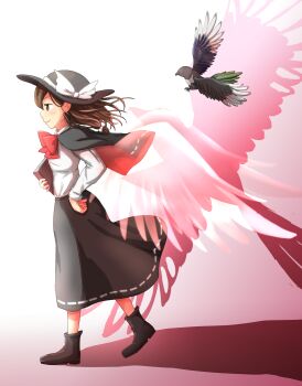 1girl angel_wings bird bird_request black_boots black_capelet black_hat black_shoes black_skirt book boots bow bowtie brown_eyes brown_hair capelet commentary_request from_side full_body hair_bow hat hat_bow highres holding holding_book long_sleeves minus_(sr_mineka) red_bow red_bowtie ribbon-trimmed_capelet ribbon-trimmed_skirt ribbon_trim shadow shirt shirt_tucked_in shoes skirt sleeve_cuffs smile solo touhou two-tone_capelet usami_renko walking white_background white_shirt wings