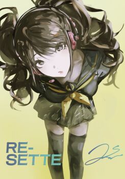 1girl bent_over black_serafuku black_shirt black_skirt black_thighhighs breasts brown_hair character_name character_signature commentary_request drill_hair feet_out_of_frame grey_eyes headphones headset highres k1kiwa kujikawa_rise long_hair looking_at_viewer medium_breasts neckerchief parted_lips persona persona_4 school_uniform serafuku shirt simple_background skirt solo standing swept_bangs thighhighs twin_drills typo yellow_background yellow_neckerchief zettai_ryouiki