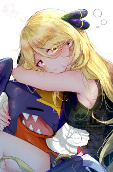 1girl absurdres alternate_costume alternate_eye_color black_shirt blonde_hair breasts bubble closed_mouth cynthia_(pokemon) garchomp gen_4_pokemon hair_ornament highres hug long_hair looking_at_viewer looking_to_the_side messy_hair mixed-language_commentary nemu_(ut_kakinotane) nintendo pokemon pokemon_(creature) pokemon_dppt shirt shorts sideboob sleeveless sleeveless_shirt twitter_username watermark white_background yellow_eyes