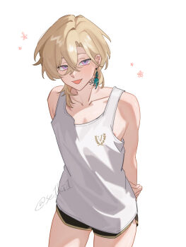 1boy absurdres alternate_costume areola_slip arms_behind_back aventurine_(honkai:_star_rail) black_shorts blonde_hair collarbone cowboy_shot earrings flower highres honkai_(series) jewelry looking_at_viewer male_focus open_mouth purple_eyes se1ki1 short_hair shorts simple_background single_earring solo tank_top white_background white_tank_top