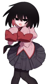 Rule 34 | 1girl, :d, absurdres, black eyes, black hair, black necktie, black pantyhose, bob cut, clothes lift, collared shirt, colored inner hair, commentary, dress shirt, empty eyes, feet out of frame, floating neckwear, grey skirt, hair between eyes, hands up, highres, knees together feet apart, long sleeves, meikyuu (karami 1 tigo), monogatari (series), multicolored hair, naoetsu high school uniform, narrowed eyes, necktie, open mouth, oshino ougi, pantyhose, pink shirt, pleated skirt, red hair, red trim, school uniform, shaded face, shirt, short hair, simple background, skirt, skirt lift, sleeves past fingers, sleeves past wrists, smile, solo, standing, white background, wind, wind lift