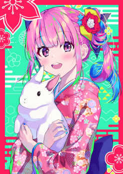 1girl animal blue_hair blue_nails blue_ribbon blunt_bangs blush border colored_inner_hair egasumi floral_print flower green_background hair_flower hair_ornament hair_ribbon highres holding holding_animal hololive japanese_clothes kanzashi kikkoumon kimono long_hair looking_at_viewer minato_aqua multicolored_hair open_mouth pink_kimono print_kimono purple_hair rabbit red_border red_flower ribbon side_ponytail sidelocks smile solo streaked_hair teeth unripe upper_body upper_teeth_only uroko_(pattern) virtual_youtuber wide_sleeves