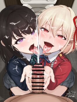 Rule 34 | 1boy, 2girls, absurdres, bar censor, black hair, blonde hair, censored, commentary request, cum, cum in mouth, cum on body, cum on clothes, cum on hair, cum on tongue, ejaculation, facial, ffm threesome, from above, group sex, hetero, highres, inoue takina, jelly platinum, looking at viewer, lycoris recoil, lycoris uniform, male pubic hair, multiple girls, nishikigi chisato, penis, pov, pov crotch, projectile cum, pubic hair, purple eyes, red eyes, teamwork (sexual), threesome, tongue, tongue out