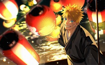 1boy bagyuli271 black_kimono blonde_hair blue_eyes facial_mark from_above grin highres japanese_clothes kimono lantern lantern_festival male_focus naruto_(series) short_hair sky_lantern smile solo spiked_hair teeth textless_version uzumaki_naruto whisker_markings