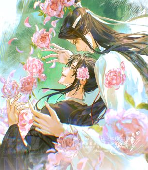 Rule 34 | 2boys, ahoge, baku ten221, bishounen, black hair, black hanfu, blurry, blurry foreground, chinese clothes, closed mouth, couple, eye contact, falling flower, falling petals, flower, grey eyes, hair flower, hair ornament, hair ribbon, hanfu, headband, highres, hug, hug from behind, lan wangji, leaf, long hair, long sleeves, looking at another, male focus, modao zushi, multiple boys, open mouth, parted lips, petals, pink flower, pink petals, ponytail, profile, red ribbon, ribbon, robe, sidelocks, smile, topknot, twitter username, upper body, watermark, wei wuxian, white hanfu, white headband, wide sleeves, xiao guan (headdress), yaoi, yellow eyes