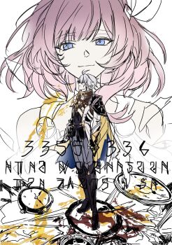 1boy 1girl ahoge analog_clock black_boots black_coat blue_eyes boots clock coat commentary cyrene_(aedes_elysiae)_(honkai:_star_rail) cyrene_(honkai:_star_rail) dress gold_blood grey_pants hair_ornament highres honkai:_star_rail honkai_(series) ilsijeongj2213 medium_hair pants phainon_(honkai:_star_rail) pink_hair short_hair smile white_dress white_hair