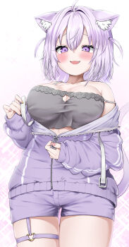 1girl :d absurdres ahoge animal_ear_fluff animal_ears blush bra breasts cat_ears cat_girl cat_tail commentary_request grey_bra hair_between_eyes highres hololive jacket large_breasts nekomata_okayu nekomata_okayu_(membership) official_alternate_costume open_mouth pink_jacket pink_shorts purple_eyes purple_hair shiina_excel short_hair shorts simple_background smile solo standing strap_slip tail thigh_strap thighs tongue underwear unzipping virtual_youtuber white_background