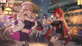 4girls alternate_costume antennae black_boots black_dress black_hair black_shirt black_skirt black_thighhighs blonde_hair blue_eyes boots breasts cleavage commentary demon_horns dress english_commentary eyepatch food goddess_of_victory:_nikke guillotine_(nikke) hair_ornament halloween highres horns knee_boots large_variant_set little_mermaid_(nikke) long_hair looking_at_viewer multiple_girls night official_art outdoors parfait pink_hair pink_skirt red_eyes red_hood_(nikke) second-party_source shirt sitting skirt smile standing thighhighs variant_set viper_(nikke) white_dress yellow_eyes