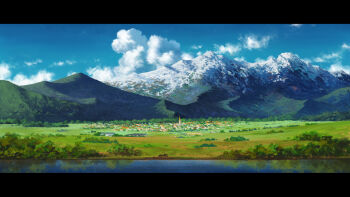 blue_sky cloud commentary_request day highres landscape letterboxed mountain naohiro no_humans original outdoors river scenery sky tower town