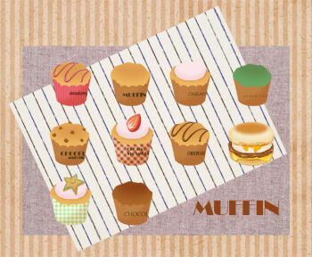 cheese chocolate_chip chocolate_chip_muffin chocolate_muffin commentary_request cream_muffin english_text food food_focus fried_egg fruit green_tea_(flavor) green_tea_muffin huu_cocoray muffin muffin_sandwich no_humans original sliced_cheese star-shaped_food star_(symbol) strawberry strawberry_muffin strawberry_slice striped_background sweets