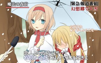 1other 2girls alice_margatroid blonde_hair blue_dress blue_eyes blush braid capelet commentary_request covering_face dress embarrassed facepalm hairband holding holding_microphone holding_umbrella interview jewelry kirisame_marisa lolita_hairband meme microphone multiple_girls open_mouth outdoors plaid_clothes plaid_scarf red_hairband red_scarf ring scarf shared_umbrella side_braid single_braid smile snowing special_feeling_(meme) subtitled touhou translation_request tsuno_no_hito umbrella white_capelet yuri